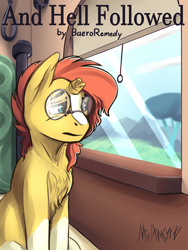 Size: 1500x2000 | Tagged: safe, artist:miramore, derpibooru import, sunburst, pony, unicorn, fanfic:and hell followed, broken horn, carving, chair, chest fluff, cloud, cracked glass, day, distressed, fanfic, fanfic art, fanfic cover, glasses, graffiti, hill, horn, mountain, sad, signature, sitting, solo, train, tree, window