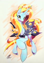 Size: 2850x4032 | Tagged: safe, artist:025aki, derpibooru import, sassy saddles, pony, unicorn, blushing, clothes, female, looking at you, mare, smiling, solo, traditional art