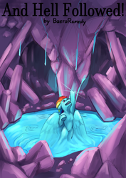 Size: 1034x1462 | Tagged: safe, artist:miramore, derpibooru import, rainbow dash, pegasus, pony, fanfic:and hell followed, blue, cave, crystal, dripping, fanfic, fanfic art, flying, glow, glowing body, magic, mana, pond, reflection, ripple, ripples, solo, speedpaint, underground