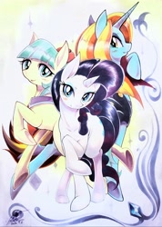 Size: 2858x4006 | Tagged: safe, artist:025aki, derpibooru import, coco pommel, rarity, sassy saddles, earth pony, pony, unicorn, blushing, female, looking at you, mare, marker drawing, smiling, smiling at you, traditional art, trio