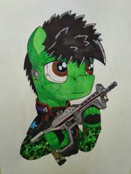 Size: 1077x1436 | Tagged: safe, artist:zocidem, derpibooru import, oc, oc only, oc:wrench, cyborg, earth pony, pony, armor, assault rifle, augmented, bullpup rifle, camouflage, gun, hoof hold, rifle, solo, traditional art, weapon