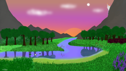 Size: 4932x2774 | Tagged: safe, artist:mark_ml, canterlot, digital painting, high res, landscape, moon, mountain, no pony, river, scenery, signature, sky, subtle, sunset, tree, wallpaper, water