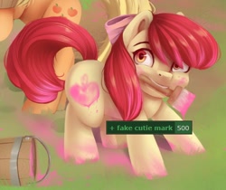 Size: 500x420 | Tagged: safe, artist:annafreezen, apple bloom, applejack, earth pony, pony, apple sisters, barrel, bucket, cropped, duo, fake cutie mark, female, filly, mare, mouth hold, paint, paintbrush, rearing, siblings, sisters, solo focus, sweet apple acres, tags