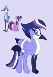 Size: 1431x2048 | Tagged: safe, derpibooru import, twilight sparkle, twilight sparkle (alicorn), oc, alicorn, bird, hybrid, pony, crossover shipping, female, interspecies offspring, male, mordecai, mordetwi, offspring, parents:mordetwi, shipping, straight