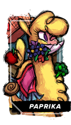 Size: 380x670 | Tagged: safe, artist:alts-art, derpibooru import, paprika paca, alpaca, them's fightin' herds, apple, blanket, broccoli, community related, flower, food, rose