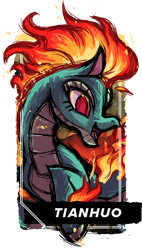 Size: 380x670 | Tagged: safe, artist:alts-art, derpibooru import, tianhuo, dragon, hybrid, longma, them's fightin' herds, community related, mane of fire, open mouth, simple background, tail of fire, transparent background