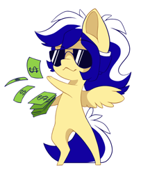 Size: 898x1105 | Tagged: safe, artist:arctic-fox, derpibooru import, oc, oc only, oc:animatedpony, pegasus, pony, bipedal, male, money, simple background, solo, sunglasses, transparent background, white outline