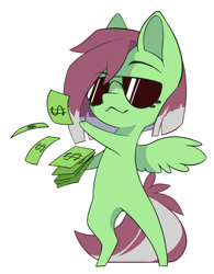 Size: 834x1067 | Tagged: safe, alternate version, artist:arctic-fox, derpibooru import, oc, oc only, oc:watermelon success, pegasus, pony, alternate character, chibi, money, simple background, solo, sunglasses, transparent background