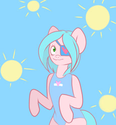 Size: 1280x1383 | Tagged: safe, artist:ranillopa, derpibooru import, oc, oc only, earth pony, pony, clothes, digital art, eyepatch, female, hooves, looking at you, mare, one-piece swimsuit, simple background, smiling, smiling at you, solo, standing, swimsuit, tail