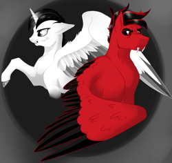 Size: 1771x1673 | Tagged: safe, artist:byemyfriends, derpibooru import, oc, oc only, oc:toonkriticy2k, alicorn, pegasus, pony, abstract background, alicorn oc, bust, duo, fangs, horn, male, pegasus oc, stallion, wings