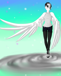 Size: 1771x2196 | Tagged: safe, artist:byemyfriends, derpibooru import, oc, oc only, oc:thunder blight, anthro, pegasus, abstract background, clothes, eyes closed, female, pants, pegasus oc, shoes, smiling, wings