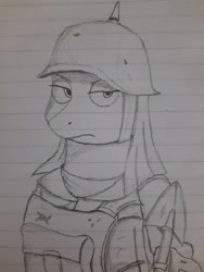 Size: 3000x4000 | Tagged: safe, artist:mustaphatr, derpibooru import, maud pie, earth pony, pony, equestria at war mod, female, frown, high res, mare, pickelhaube, shovel, solo, traditional art