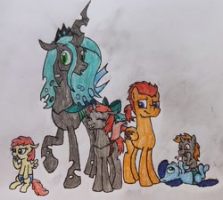 Size: 2347x2112 | Tagged: safe, artist:someguy458, derpibooru import, queen chrysalis, oc, oc:bedbug, oc:crimson mane, oc:low chirp, oc:myiasis, oc:ruby wings, changeling, pony, series:rubyandfriends, family, red changeling