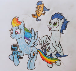 Size: 1280x1204 | Tagged: safe, artist:someguy458, derpibooru import, rainbow dash, soarin', oc, oc:misty haze, oc:thunder strike, pegasus, pony, series:rubyandfriends, family, female, male, offspring, parent:rainbow dash, parent:soarin', parents:soarindash, shipping, soarindash, straight