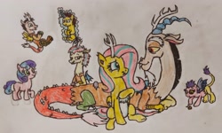 Size: 3302x1981 | Tagged: safe, artist:someguy458, derpibooru import, discord, fluttershy, oc, oc:eagle eye, oc:idaru, oc:lady chaos, oc:narmal, oc:violet spiral, draconequus, hybrid, pegasus, pony, discoshy, female, high res, interspecies offspring, male, offspring, parent:discord, parent:fluttershy, parents:discoshy, shipping, straight, transformed