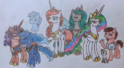 Size: 3843x2112 | Tagged: safe, artist:someguy458, derpibooru import, princess celestia, princess luna, oc, oc:alicus primus, oc:daisy nectar, oc:lemon light, oc:lunar masquerade, oc:partial eclipse, oc:ventus, alicorn, changeling, earth pony, ghost, pony, undead, unicorn, series:rubyandfriends, canon x oc, family, female, grin, hug, male, nervous, nervous grin, offspring, parent:oc:partial eclipse, parents:canon x oc, pregnant, shipping, smiling, straight, winghug, wings