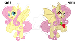 Size: 1600x911 | Tagged: safe, artist:missmele-madness, derpibooru import, part of a set, fluttershy, bat pony, pegasus, pony, apple, bat ponified, deviantart watermark, duality, flutterbat, food, obtrusive watermark, race swap, simple background, transparent background, watermark, white outline