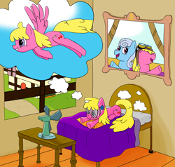 Size: 3551x3383 | Tagged: safe, artist:librarylonging, derpibooru import, cherry berry, linky, shoeshine, earth pony, pegasus, pony, bed, fan, flower, hypnogear, hypnosis, race swap, table, thought bubble, window