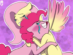 Size: 1920x1440 | Tagged: safe, artist:wolfjawswriter, derpibooru import, fluttershy, pinkie pie, earth pony, pegasus, pony, abstract background, blushing, crying, female, flutterpie, hug, lesbian, pink coat, shipping, spread wings, tears of joy, wings
