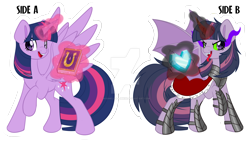 Size: 1600x911 | Tagged: safe, artist:missmele-madness, derpibooru import, part of a set, twilight sparkle, twilight sparkle (alicorn), alicorn, bat pony, bat pony alicorn, pony, bat ponified, bat wings, book, corrupted, corrupted twilight sparkle, crystal heart, dark magic, deviantart watermark, duality, forked tongue, horn, magic, obtrusive watermark, race swap, simple background, sombra eyes, sombra's cape, tongue, tongue out, transparent background, twibat, tyrant sparkle, watermark, white outline, wings