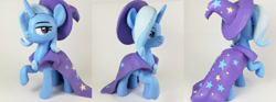 Size: 5184x1920 | Tagged: safe, artist:sparkle257, derpibooru import, trixie, pony, unicorn, cape, clothes, craft, female, figurine, hat, irl, looking at you, mare, photo, raised hoof, raised leg, sculpture, solo, traditional art, trixie's cape, trixie's hat