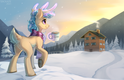 Size: 3000x1950 | Tagged: safe, artist:trickate, derpibooru import, oc, oc only, oc:karolin, deer, pony, reindeer, clothes, female, hut, magic, mountain, mug, scarf, scenery, snow, snowy mountain