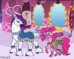 Size: 1862x1500 | Tagged: safe, artist:misskanabelle, derpibooru import, pinkie pie, rarity, changedling, changeling, deer, pony, reindeer, antlers, changedlingified, deerified, duo, female, looking back, mirror, rarideer, reindeerified, signature, species swap