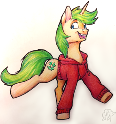 Size: 3405x3636 | Tagged: safe, artist:megabait, derpibooru import, oc, oc only, oc:markov, pony, unicorn, 4chan, green hair, happy, painting, pencil, traditional art