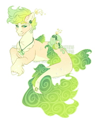 Size: 1280x1648 | Tagged: safe, artist:shady-bush, derpibooru import, oc, oc only, hybrid, merpony, seapony (g4), dorsal fin, eyelashes, fangs, fish tail, flowing tail, green mane, jewelry, male, necklace, simple background, smiling, solo, stallion, tail, transparent background, unshorn fetlocks, watermark