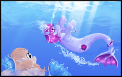 Size: 652x412 | Tagged: safe, artist:panai, derpibooru import, oc, oc only, merpony, pony, sea pony, seapony (g4), unicorn, bubble, crepuscular rays, female, fish tail, flowing tail, glowing horn, horn, jewelry, looking up, necklace, ocean, pearl necklace, purple eyes, seaponified, smiling, species swap, sunlight, swimming, tail, underwater, water