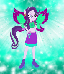 Size: 602x693 | Tagged: safe, artist:magical-mama, artist:selenaede, artist:user15432, derpibooru import, starlight glimmer, human, equestria girls, barely eqg related, base used, boots, clothes, crossover, cutie mark, cutie mark on clothes, element of justice, fairy, fairy wings, fairyized, gradient background, green background, hands on hip, high heel boots, high heels, magic winx, ponied up, purple shoes, purple wings, shoes, simple background, sparkly background, sparkly wings, wings, winx, winx club, winxified