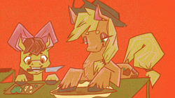 Size: 1280x720 | Tagged: safe, artist:lemonlagomorph, derpibooru import, apple bloom, applejack, apple, cooking, female, filly, food, knife, mare, siblings