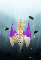 Size: 1431x2078 | Tagged: safe, artist:lunashinearts, derpibooru import, oc, oc only, fish, pegasus, pony, brown mane, bubble, eyelashes, eyes closed, feather, female, flowing mane, flowing tail, looking down, ocean, solo, sunlight, swimming, underwater, water, wings