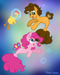 Size: 945x1181 | Tagged: safe, artist:frosty-cupcak3, derpibooru import, cheese sandwich, pinkie pie, earth pony, pony, seapony (g4), blue eyes, brown mane, bubble, dorsal fin, female, fish tail, flowing tail, gray eyes, looking at each other, male, mare, open mouth, pink mane, seaponified, seapony pinkie pie, signature, smiling, species swap, stallion, tail, underwater, water