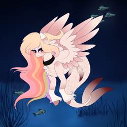 Size: 2000x2000 | Tagged: safe, artist:outlastien, derpibooru import, oc, oc only, fish, hybrid, merpony, pegasus, pony, seapony (g4), blushing, chest fluff, commission, eyelashes, feather, female, fins, fish tail, flowing mane, flowing tail, ocean, red eyes, seaponified, seaweed, solo, species swap, spread wings, tail, underwater, unshorn fetlocks, water, wings, ych result