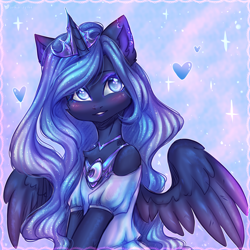 Size: 3000x3000 | Tagged: safe, artist:zefirka, derpibooru import, princess luna, alicorn, semi-anthro, blushing, chest fluff, clothes, crown, cute, ear fluff, ears, female, floating heart, heart, jewelry, lunabetes, mare, regalia, shoulderless