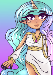 Size: 2480x3508 | Tagged: safe, artist:prizecow, derpibooru import, princess celestia, human, clothes, dress, elf ears, horn, horned humanization, humanized, long nails