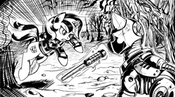 Size: 4252x2364 | Tagged: safe, artist:lexx2dot0, derpibooru import, oc, oc:blackjack, pony, unicorn, fallout equestria, fallout equestria: project horizons, black and white, book, comic, duo, fanfic art, grayscale, horn, monochrome, small horn