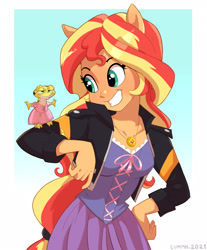 Size: 2218x2675 | Tagged: safe, artist:lummh, derpibooru import, ray, sunset shimmer, gecko, lizard, equestria girls, clothes, clothes swap, cosplay, costume, cute, dress, duo, female, happy, jacket, leopard gecko, male, ponied up, pony ears, rapunzel, ray is not amused, tangled (disney), teeth, unamused, unhappy