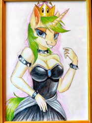 Size: 3472x4640 | Tagged: safe, artist:megabait, derpibooru import, oc, oc:markov, anthro, unicorn, bowsette, clothes, cosplay, costume, crossover, crown, green hair, jewelry, painting, pencil, regalia, rule 63, super crown, traditional art