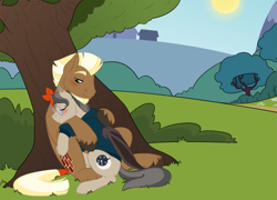 Size: 2225x1599 | Tagged: safe, artist:tejedora, derpibooru import, oc, oc only, oc:stoutheart, oc:waxing lyrical, bat pony, earth pony, pony, clothes, glasses, hug, male, shirt, stallion, sun, tree