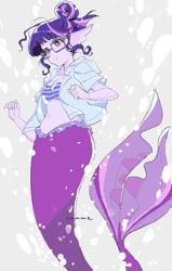 Size: 651x1024 | Tagged: safe, artist:5mmumm5, derpibooru import, sci-twi, twilight sparkle, mermaid, equestria girls, clothes, ear fins, glasses, hair bun, jacket, mermaid tail, mermaidized, midriff, solo, species swap