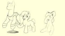 Size: 3840x2160 | Tagged: safe, artist:flutterfigle, derpibooru import, apple bloom, scootaloo, the show stoppers, mannequin, monochrome