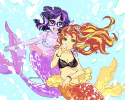 Size: 2048x1640 | Tagged: safe, artist:5mmumm5, derpibooru import, sci-twi, sunset shimmer, twilight sparkle, mermaid, equestria girls, bare shoulders, breasts, bubble, cleavage, ear fins, female, glasses, lesbian, mermaid tail, mermaidized, midriff, scitwishimmer, shipping, sleeveless, species swap, sunsetsparkle, underwater, water