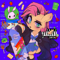 Size: 2000x2000 | Tagged: safe, artist:lexiedraw, derpibooru import, angel bunny, fluttershy, pegasus, pony, bandage, blue screen of death, candy, clothes, donut, floating wings, food, japanese, looking at you, open mouth, pills, scissors, skateboard, solo focus, strawberry, wings