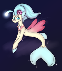 Size: 1434x1641 | Tagged: safe, artist:voxeu, derpibooru import, princess skystar, seapony (g4), collaboration, my little pony: the movie, bioluminescent, blue eyes, blue mane, bubble, dorsal fin, female, fin wings, fish tail, flower, flower in hair, flowing mane, flowing tail, glow, jewelry, looking at you, necklace, pearl necklace, red wings, smiling, solo, swimming, tail, underwater, wings