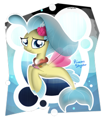 Size: 1050x1220 | Tagged: safe, artist:cloudyzu, derpibooru import, princess skystar, seapony (g4), collaboration, my little pony: the movie, blue eyes, blue mane, bubble, chibi, dorsal fin, female, fin wings, fish tail, flower, flower in hair, flowing mane, flowing tail, jewelry, looking at you, necklace, pearl necklace, red wings, seashell necklace, smiling, solo, tail, underwater, wings