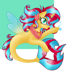 Size: 2360x2541 | Tagged: safe, artist:daringashia, derpibooru import, oc, oc only, alicorn, pony, seapony (g4), adoptable, bubble, clothes, dorsal fin, female, fin wings, fish tail, flowing mane, green eyes, horn, jewelry, multicolored hair, necklace, not sunset shimmer, seaponified, see-through, simple background, smiling, solo, species swap, tail, wings