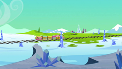 Size: 1280x720 | Tagged: safe, derpibooru import, screencap, games ponies play, background, cloud, crystal empire, friendship express, mountain, no pony, railroad, scenery, scenic ponyville, snow, train