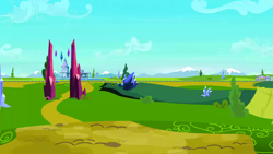 Size: 1280x720 | Tagged: safe, derpibooru import, screencap, games ponies play, background, cloud, crystal empire, day, friendship express, path, railroad, scenery, scenic ponyville, train station